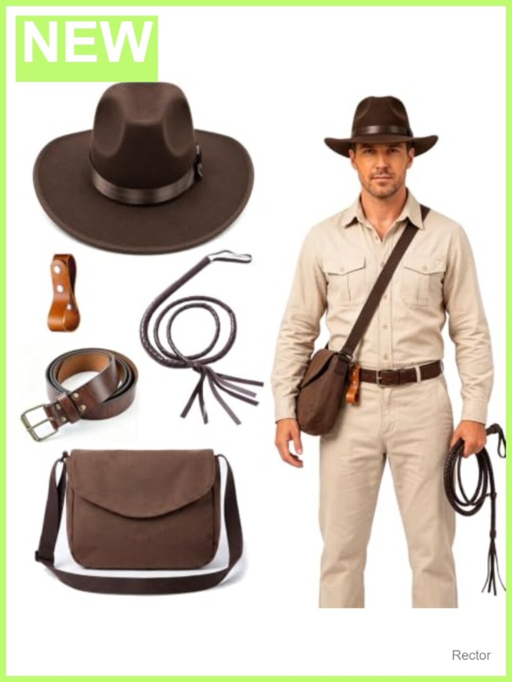 Men's Explorer Costume Accessory Set with Hat, Whip, Belt, Satchel, Stand
